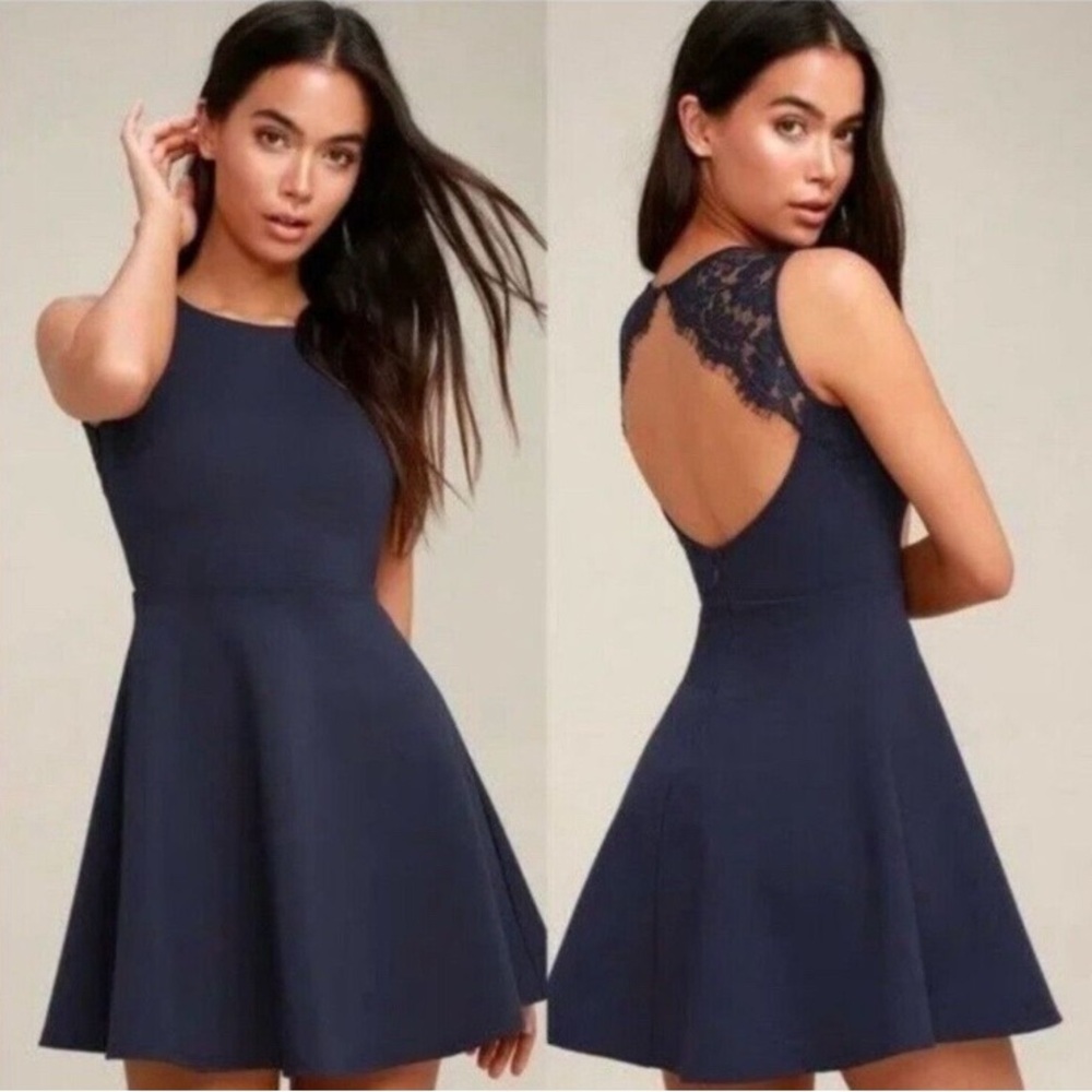 Lulus Navy Blue Lace Backless Skater Dress